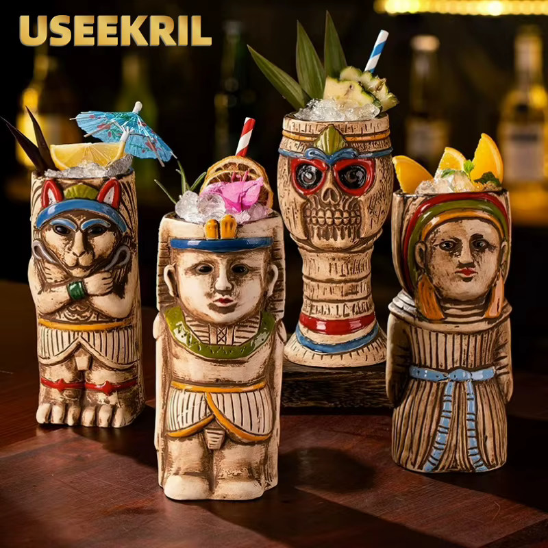 Creative Tiki Mug Ancient Egyptian Style Ceramic Tiki Mug Cocktail Mug Cold Drink Glasses Cup Mug For Tiki Bar Accessories