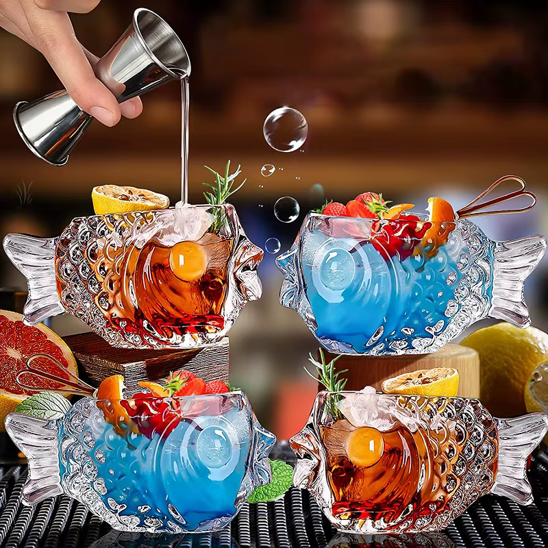 Creative 3D Transparent Fish Shape Bar Cocktail Glass Party Thick Heavy Lovely Smoothies Bowl Cup Cold Drink Tiki Mug Bar Tool