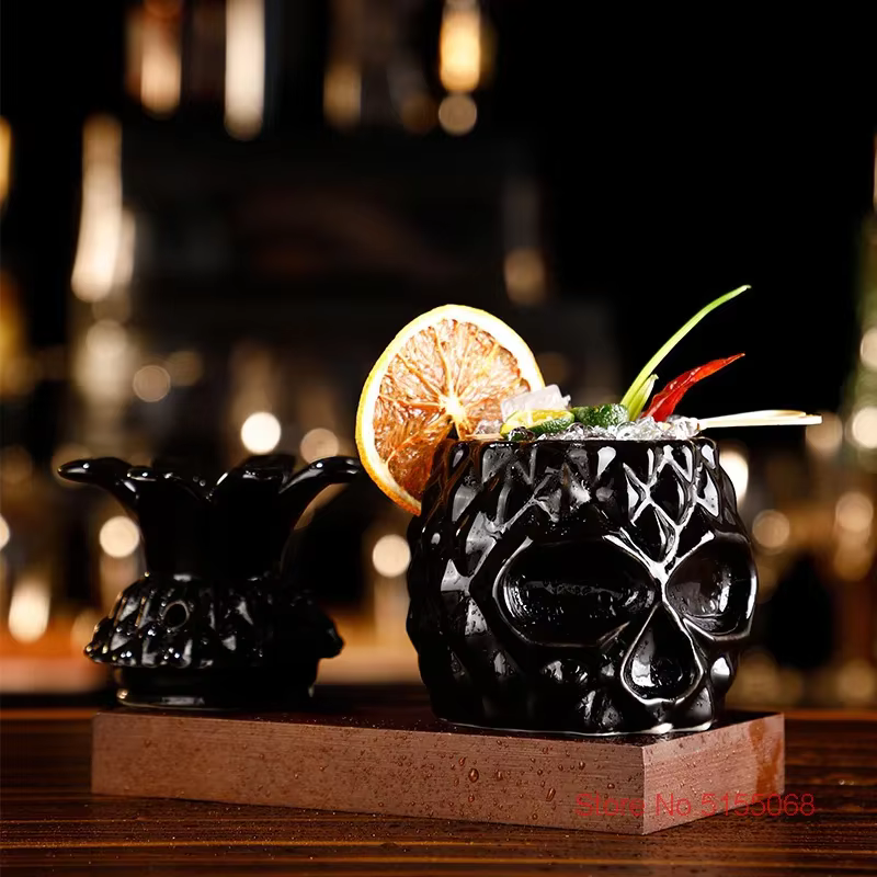 Black Octopus TIKI Mug Ceramic Cocktail Glass Beach Party Drinking Cup Wineglass Cool Skull Pineapple Smoothie Juice Container - Image 2
